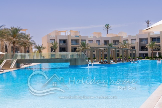 Shared pool with sunbeds