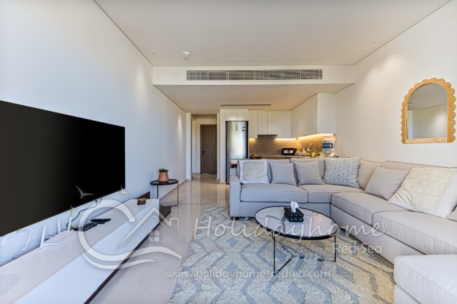 Cozy sofa with large smart TV