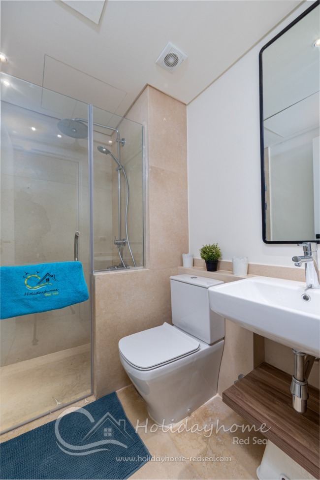 Comfortable bathroom with large shower