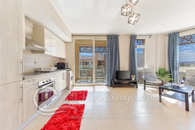 Living room and open kitchen with access to balcony 
