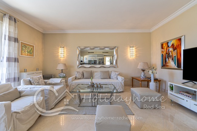 Tastefully designed living room with large smart TV