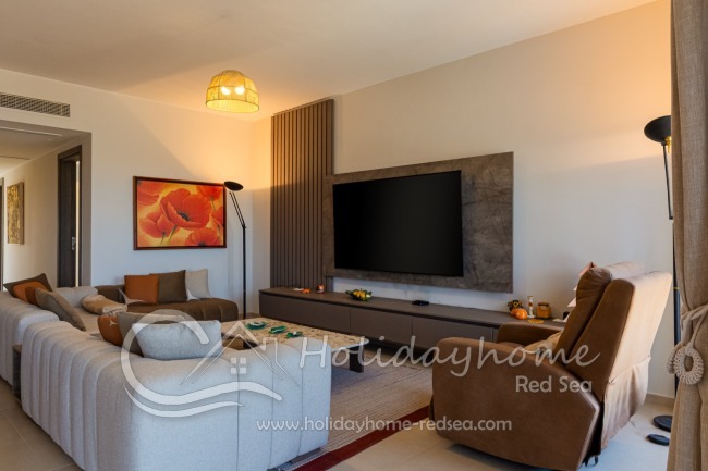 Cozy living room with large smart TV 